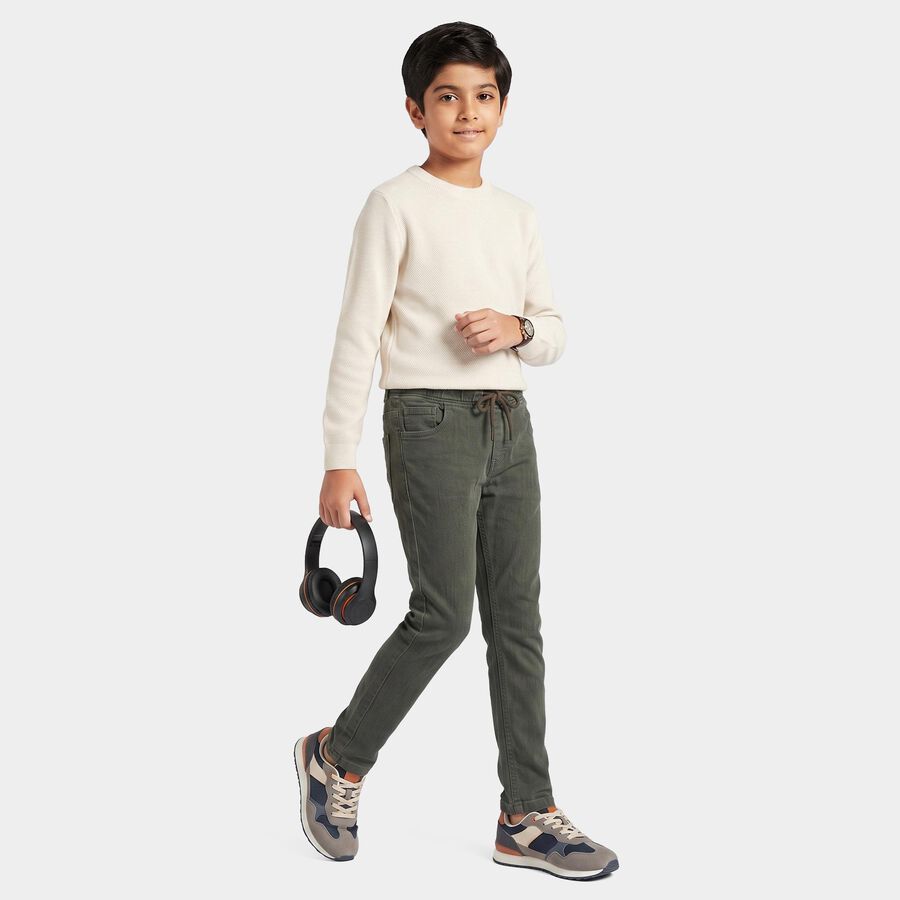 Boys Olive Green Slim Fit Drawstring Waist Jeans, ओलिव, large