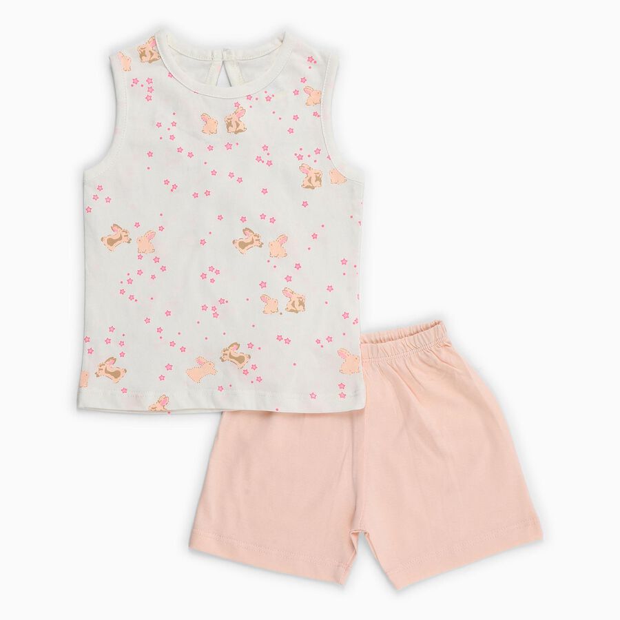 Infant White Cotton Bunny Print Sleeveless Top and Pastel Pink Shorts Set, Peach, large