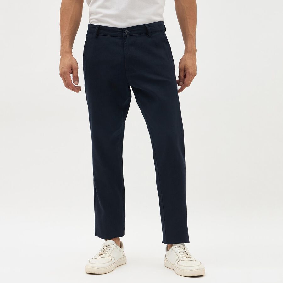 Men's Deep Navy Blue Slim Fit Cross Pocket Casual Trousers, Navy Blue, large image number null