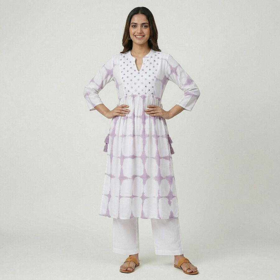Women's Lilac Viscose Round Neck Solid Kurta, Lilac, large