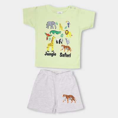 Infants' Light Green Cotton Round Neck Printed Baba Suit