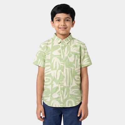Boys' Mint Green Cotton Abstract Printed Regular Fit Shirt