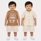 Infants' Beige 100% Cotton Camp Collar Striped Baba Suit, Beige, small