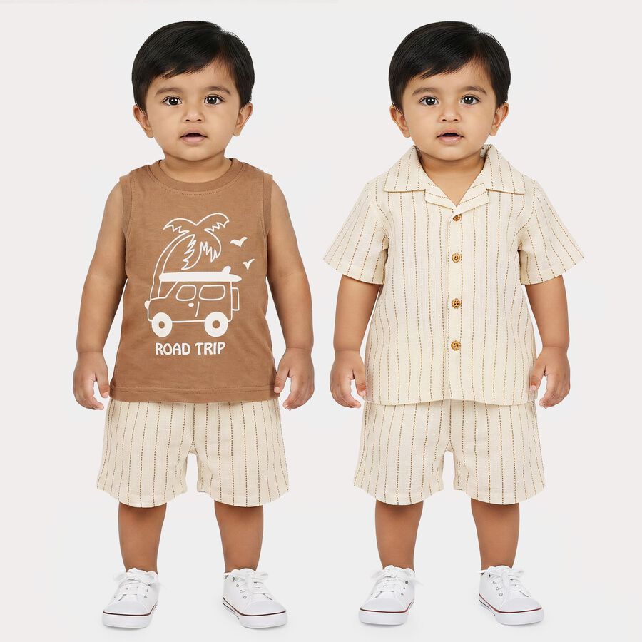 Infants' Beige 100% Cotton Camp Collar Striped Baba Suit, Beige, large