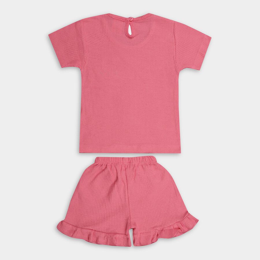 Infants' Bright Coral Pink Cotton Round Neck Casual T-Shirt and Shorts Set, Pink, large image number null
