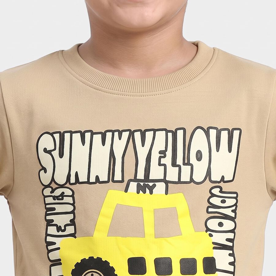 Boys' Beige Crew Neck Graphic Print Sweatshirt, गहरा पीला, large