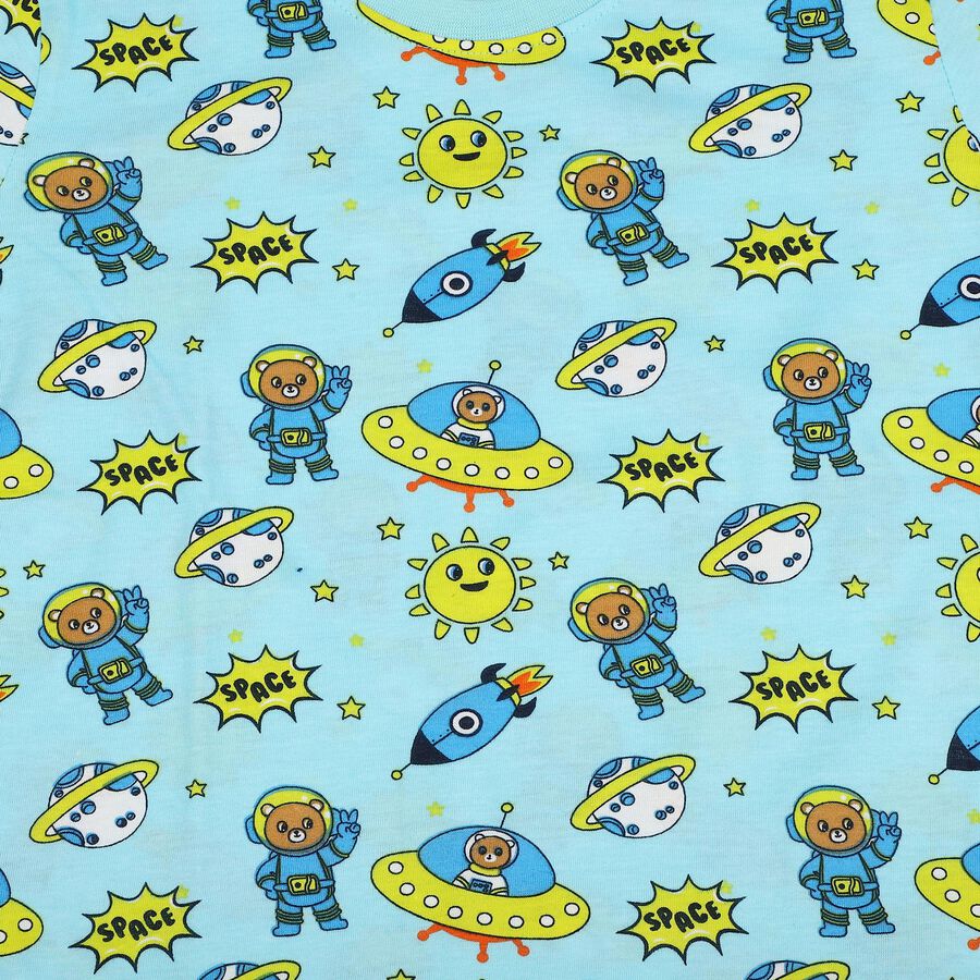 Boys Light Blue Cotton Round Neck Printed Night Suit, हल्का नीला, large