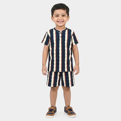 Boys Navy Blue Round Neck Striped Baba Suit