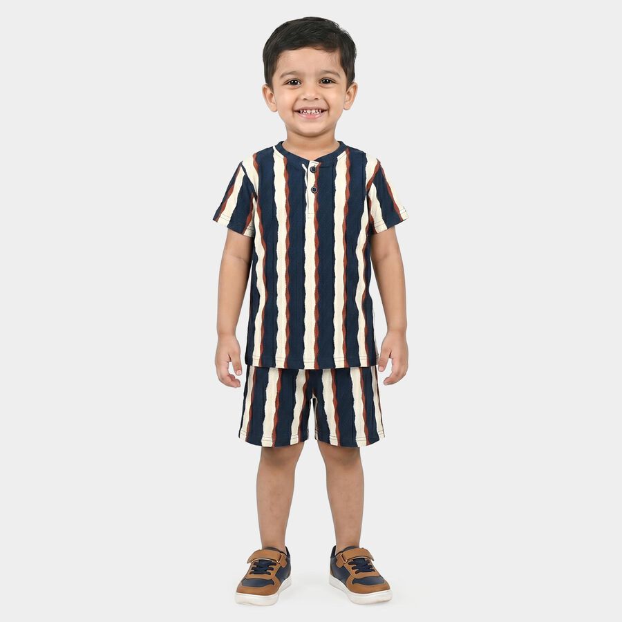 Boys Navy Blue Round Neck Striped Baba Suit, Navy Blue, large