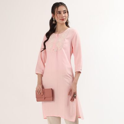 Women's Pink Mandarin Collar Floral Printed Straight Kurta
