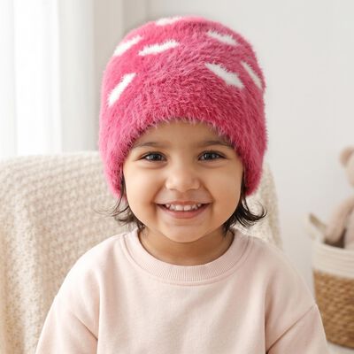 Girls' Pink Heart Pattern Fuzzy Beanie Cap