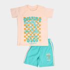 Boys Peach Cotton Round Neck Printed Baba Suit, Peach, small