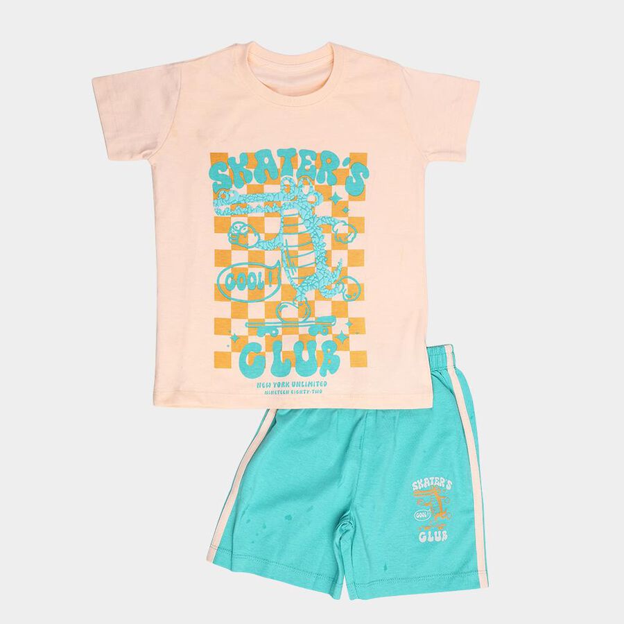 Boys Peach Cotton Round Neck Printed Baba Suit, Peach, large