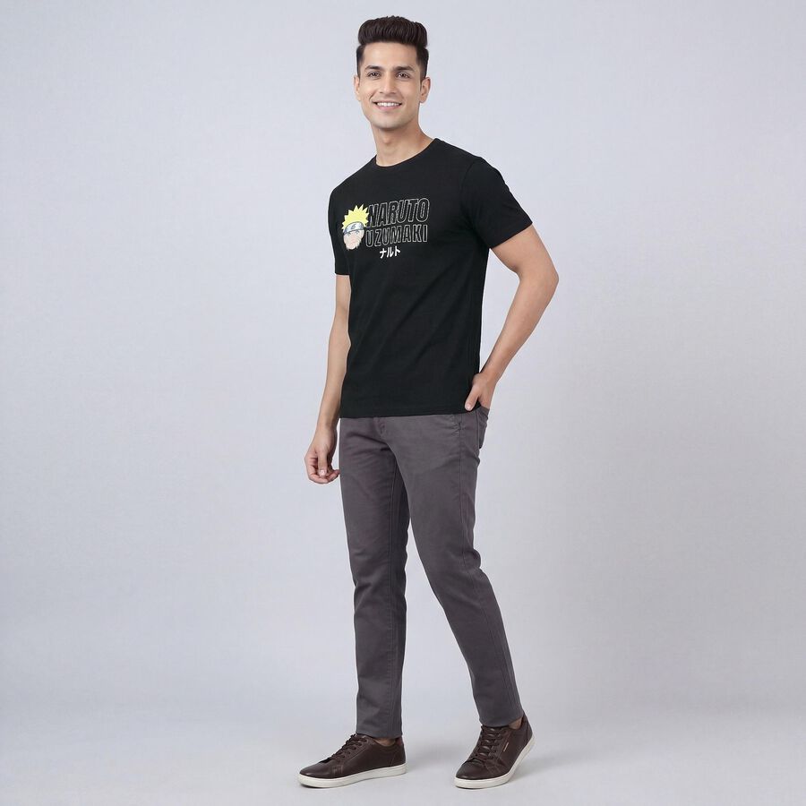 Men's Black Cotton Round Neck Casual T-Shirt, Black, large