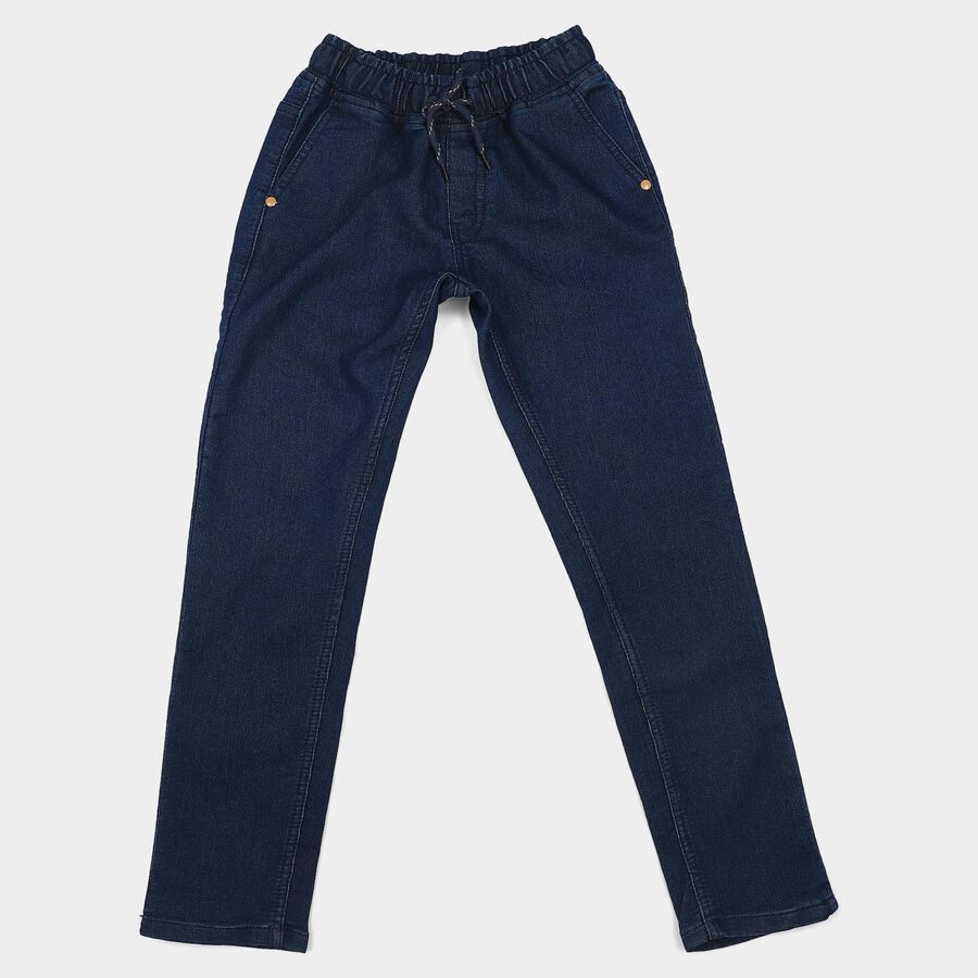 Boys' Navy Blue Straight Fit Drawstring Waist Jeans, Dark Blue, large