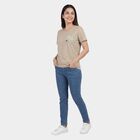 Women's Beige Cotton Blend Round Neck Graphic Print T-Shirt, Beige, small