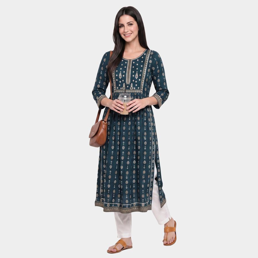 Women's Teal Round Neck Printed Kurta, Teal Blue, large