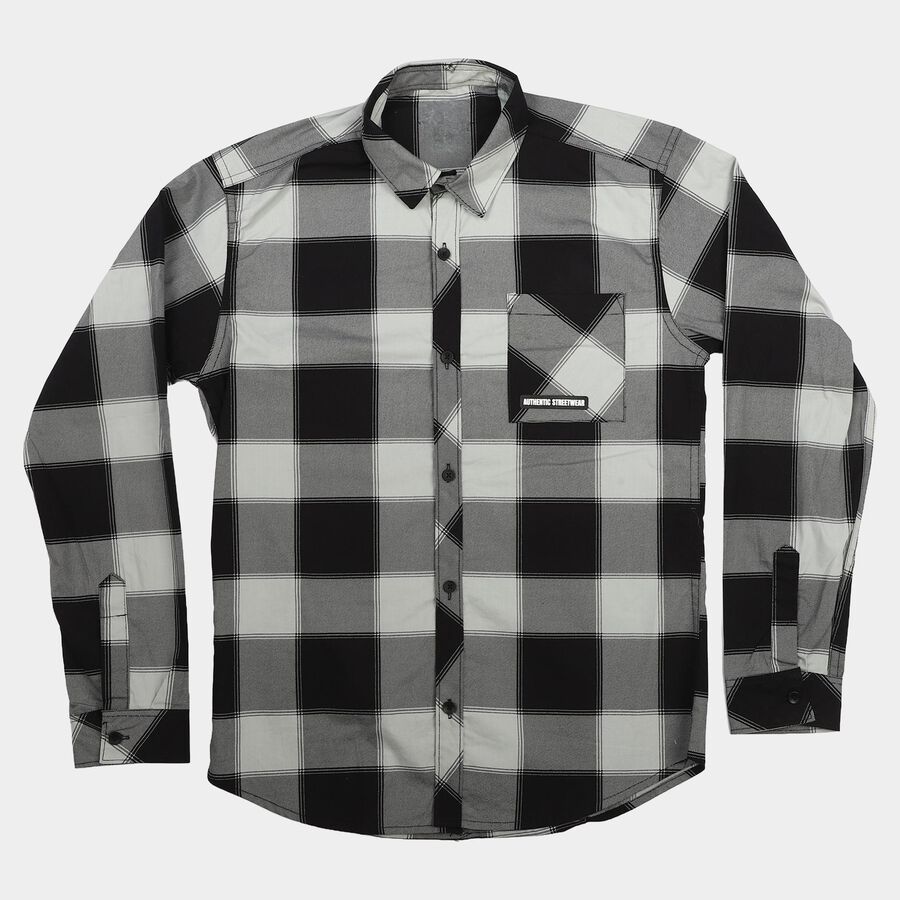 Boys Black Cotton Checked Shirt, Black, large