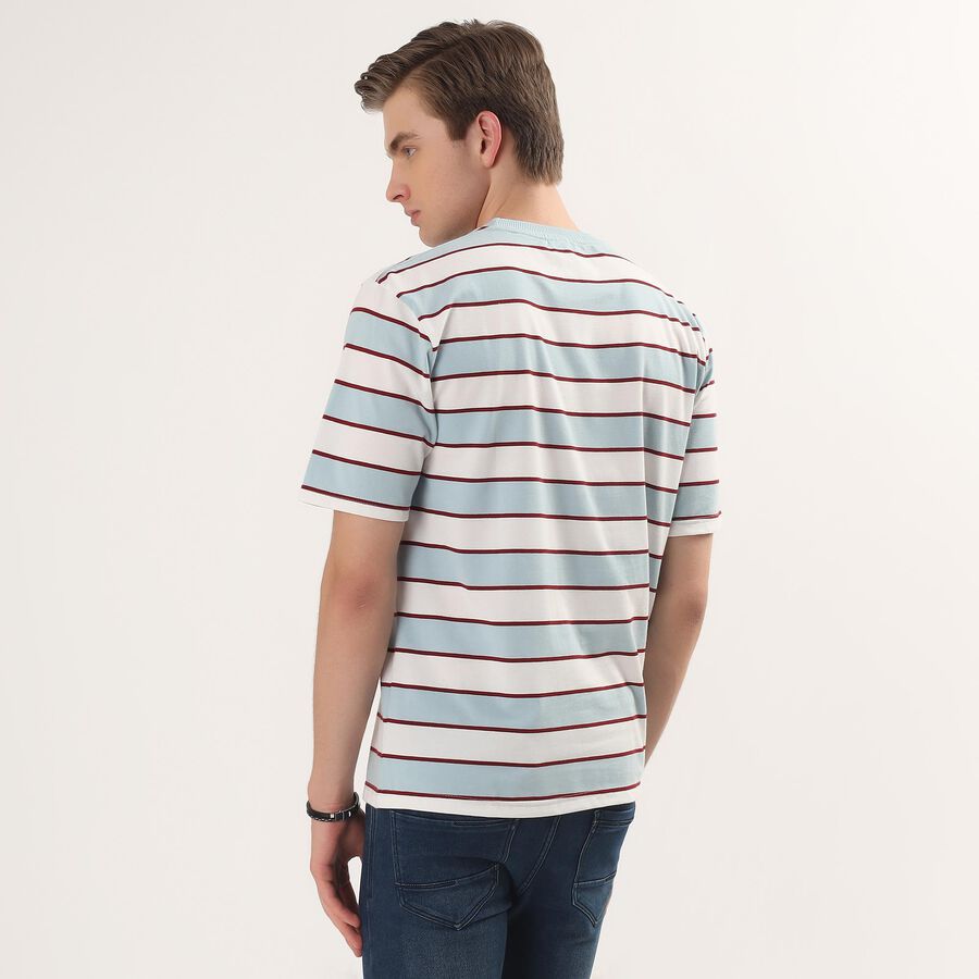 Men's White Round Neck Striped T-Shirt, White, large