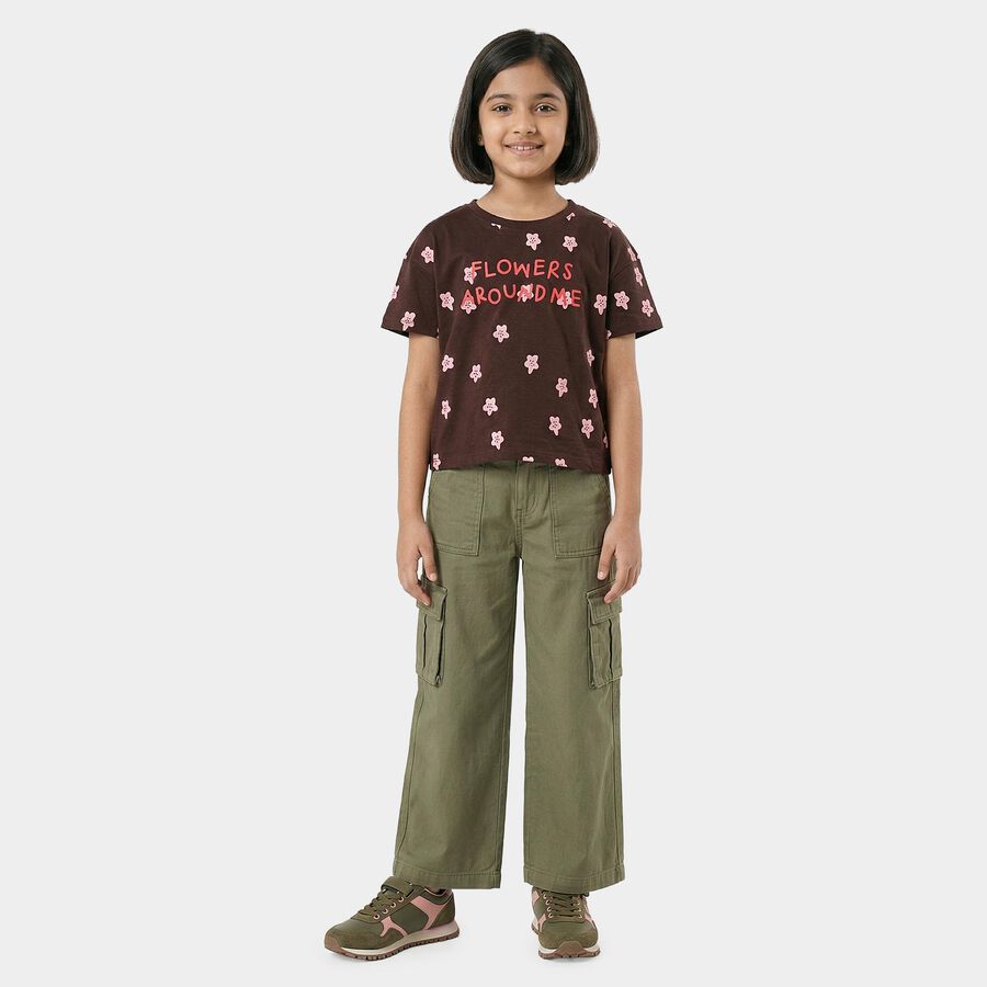 Girls Brown Cotton Casual T-Shirt, भूरा, large