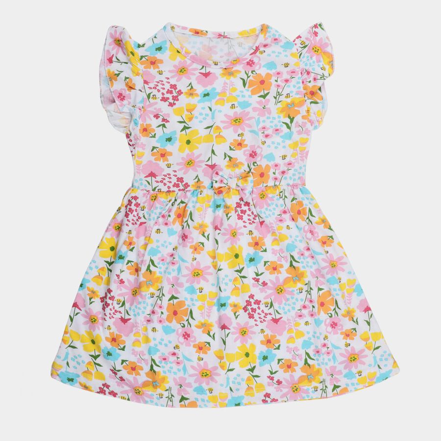 Girls' White Floral Printed Ruffled Frock, Off White, large