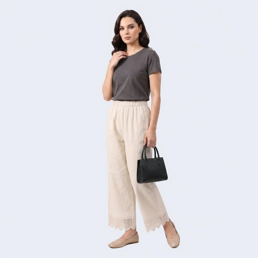 Women's Beige Regular Fit Lace Hem Palazzos, गहरा पीला, large