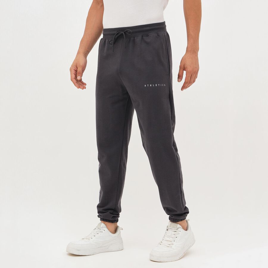 Men's Charcoal Black Regular Fit Side-Typography Track Pants, Dark Grey, large image number null