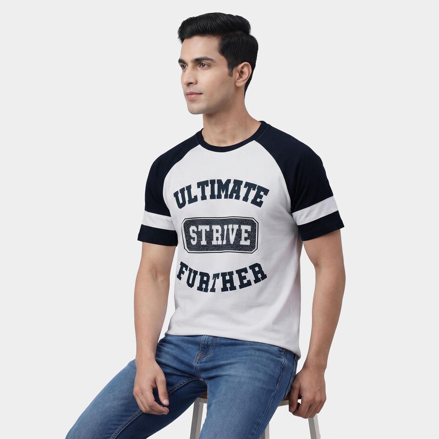 Men's Navy Blue Round Neck Graphic Printed T-Shirt, Dark Blue, large