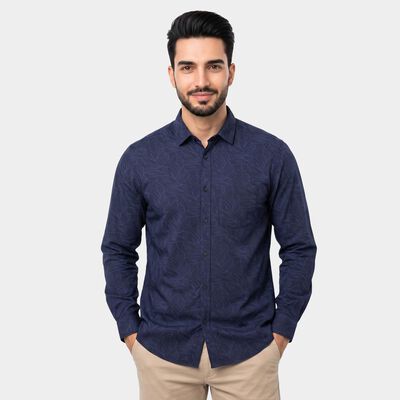 Men's Navy Blue Cotton Long Sleeve Spread Collar Shirt
