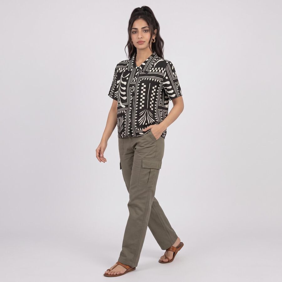 Women's Black Printed Spread Collar Shirt, काला, large