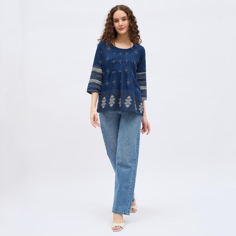 Women's Dark Blue Cotton Round Neck Printed Kurti, Dark Blue, large image number null