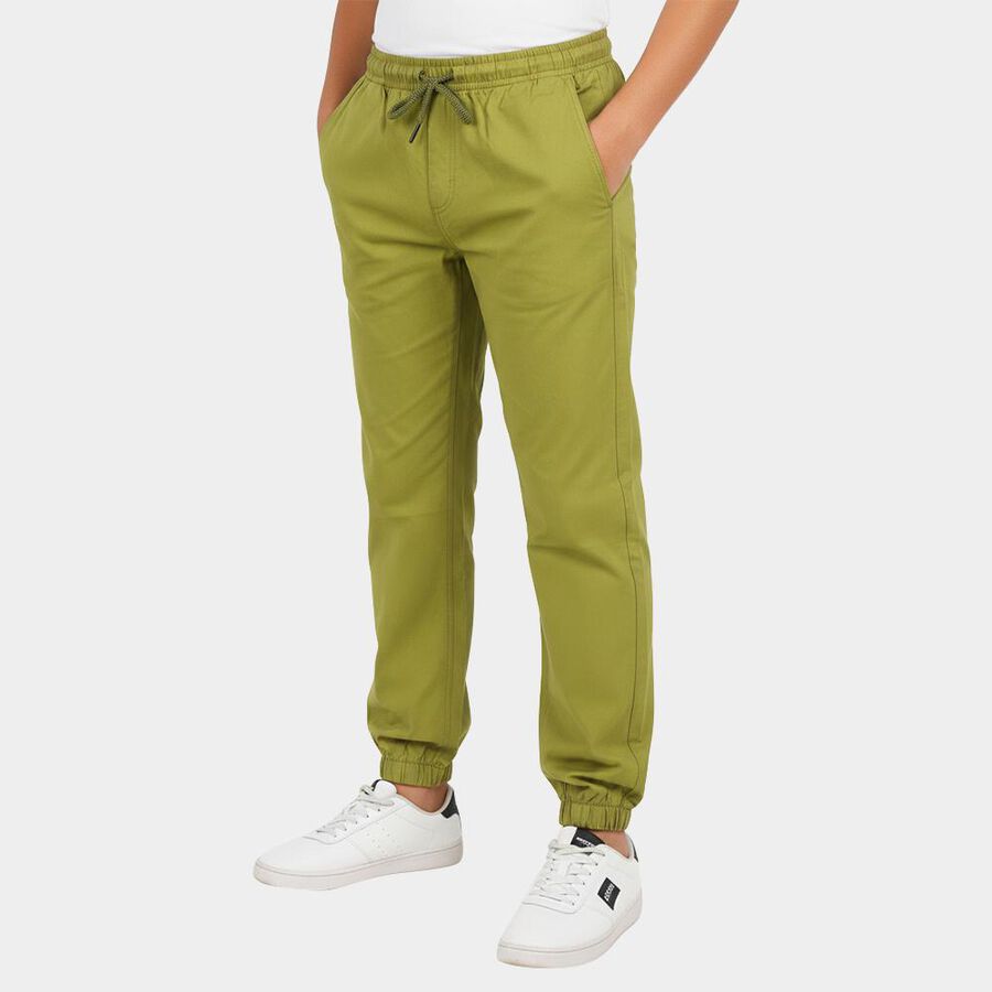 Boys Olive Green Regular Fit Solid Trousers, ओलिव, large