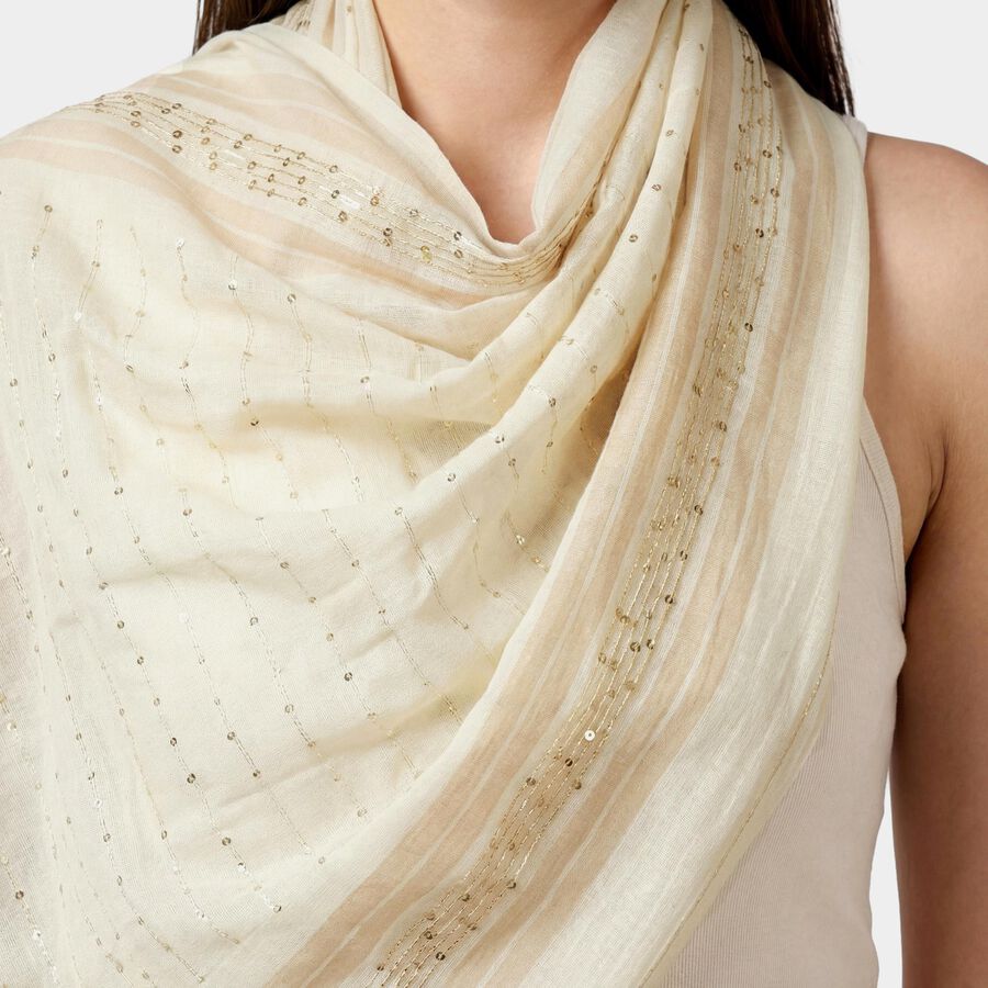 Women's Beige Striped Sequin Work Dupatta, गहरा पीला, large
