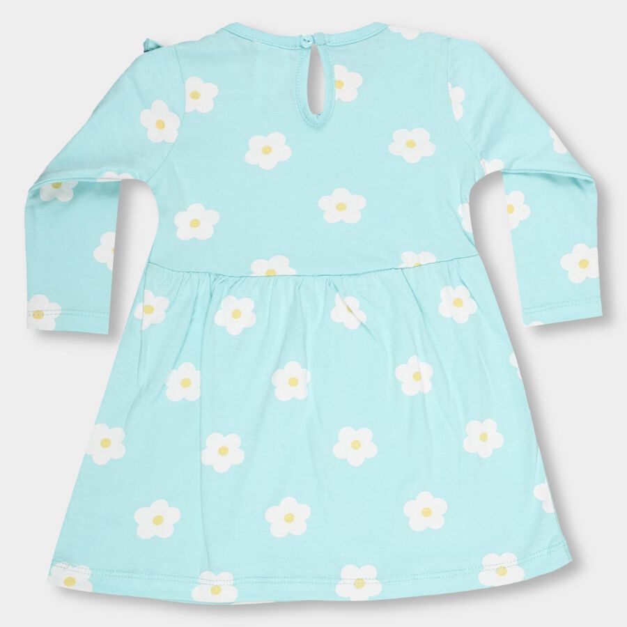 Infants' Aqua Blue Floral Printed Ruffled Neck Frock, एक्वा, large image number null