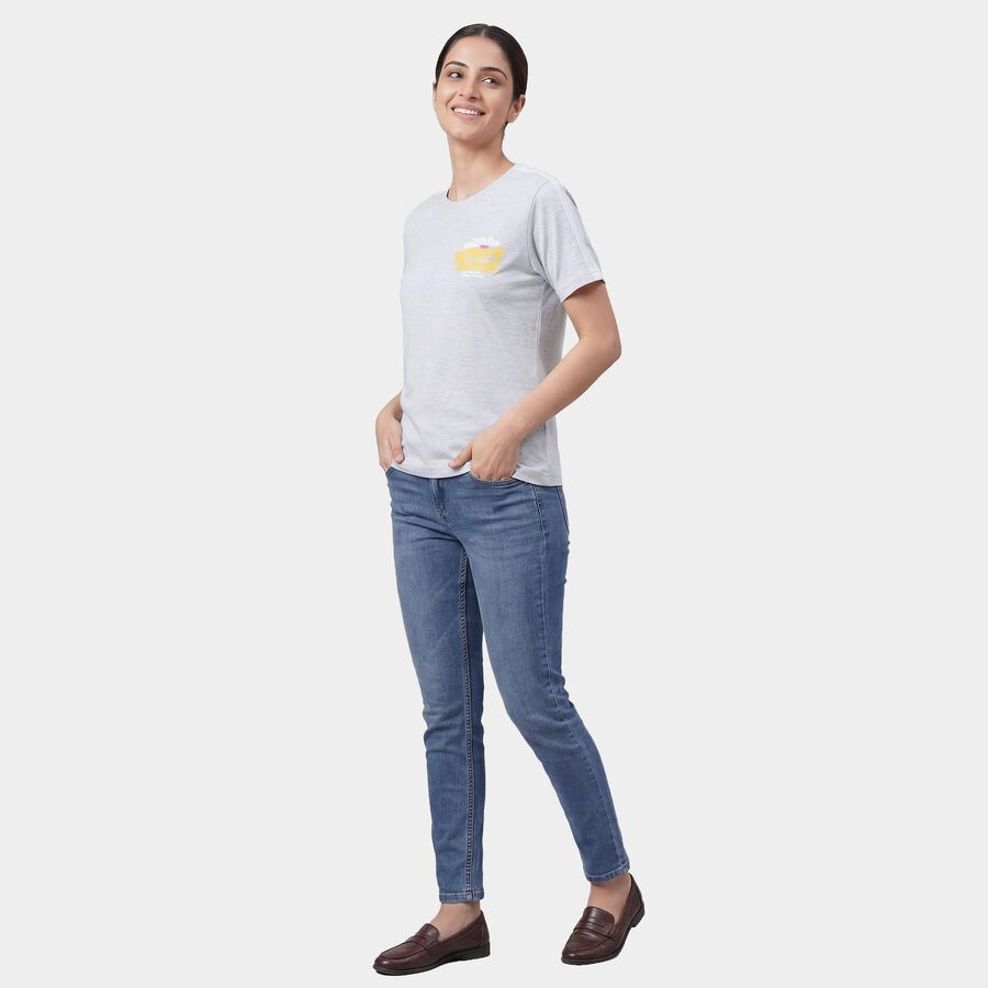 Women's Grey Round Neck Casual T-Shirt, Melange Light Grey, large