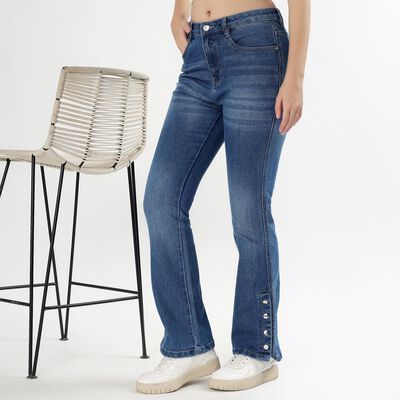 Women's Stonewashed Blue Flared Fit Button Detail Jeans