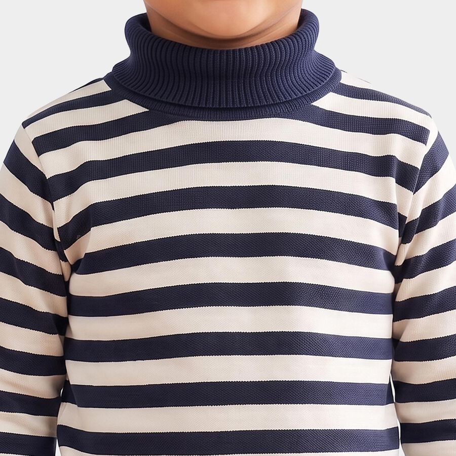 Boys' Navy Blue High Neck Striped Pullover, Navy Blue, large