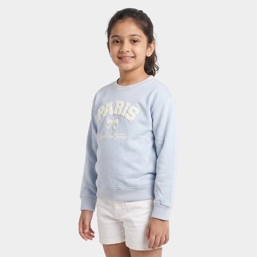 Girls' Light Blue Crew Neck Graphic Print Sweatshirt, Light Blue, large