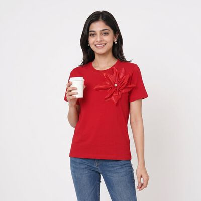 Women Fuchsia Round Neck Regular T-Shirt