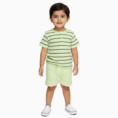 Infants' Light Green Cotton Henley Neck Striped Baba Suit