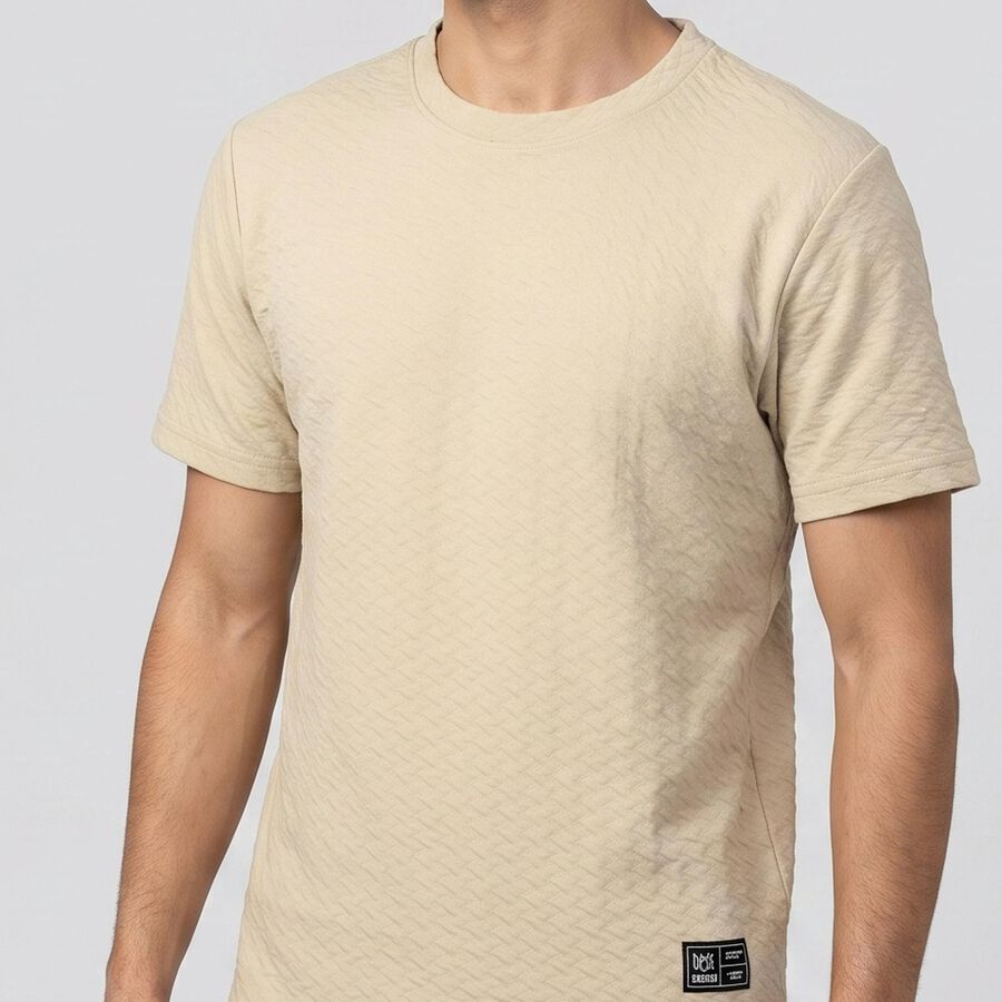 Men Beige Round Neck Regular T-Shirt, गहरा पीला, large