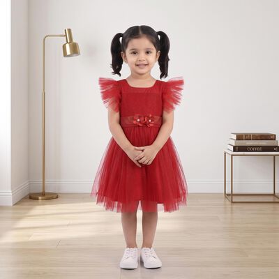 Girls' Fuchsia Fit and Flare Glitter Net Party Wear Frock