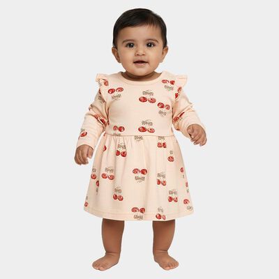 Infants' Soft Peach Cherry Print Long Sleeve Frock