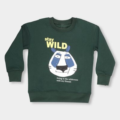 Boys Dark Green Crew Neck Printed Sweatshirt