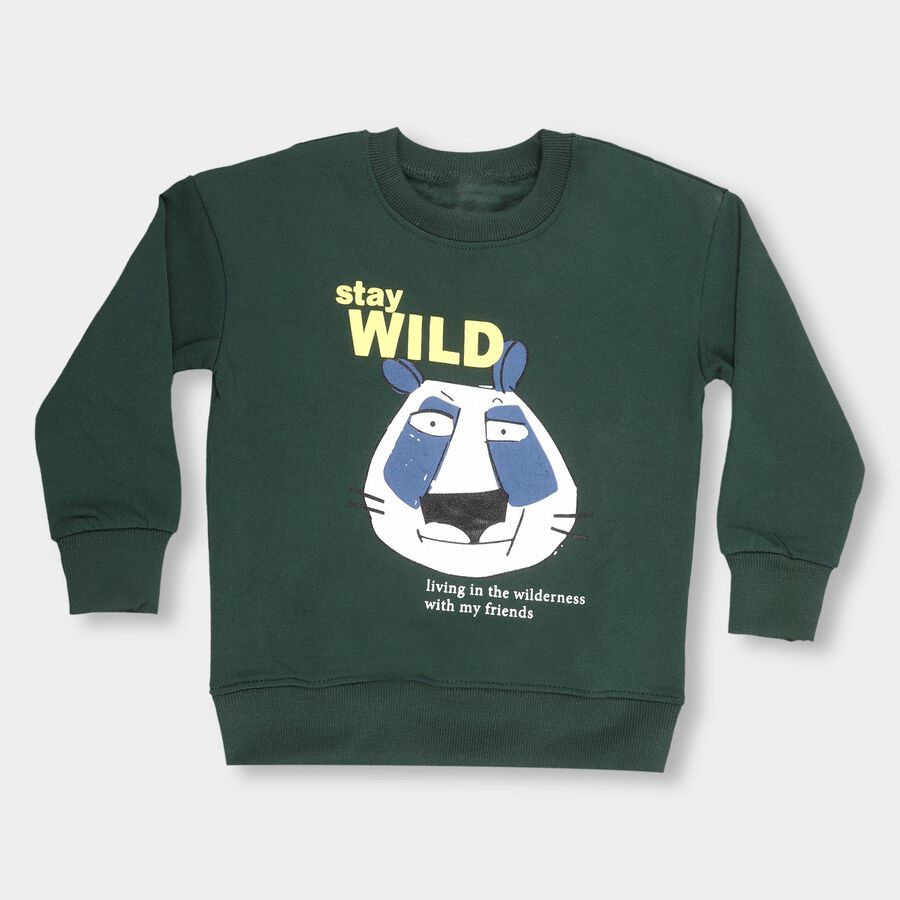 Boys Dark Green Crew Neck Printed Sweatshirt, Dark Green, large image number null
