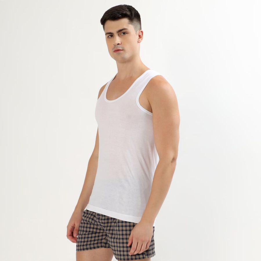 Men's Bright White Cotton Round Neck Sleeveless Vest, सफ़ेद, large image number null