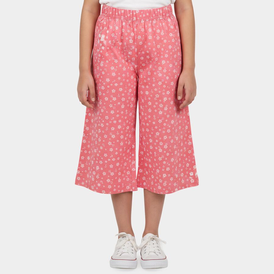 Girls Pink Wide Leg Floral Print Capri, हल्का गुलाबी, large