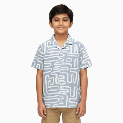 Boys Light Grey Cotton Half Sleeve Cuban Collar Casual Shirt