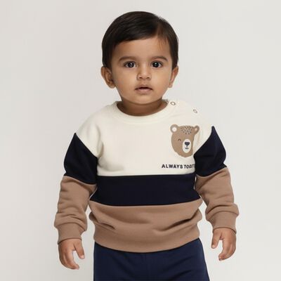 Infants Beige and Navy Blue Cotton Crew Neck Casual Sweatshirt