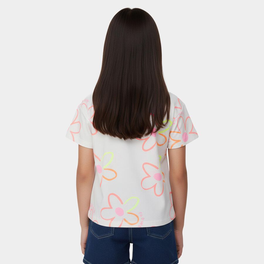 Girls White Cotton Round Neck Casual T-Shirt, White, large